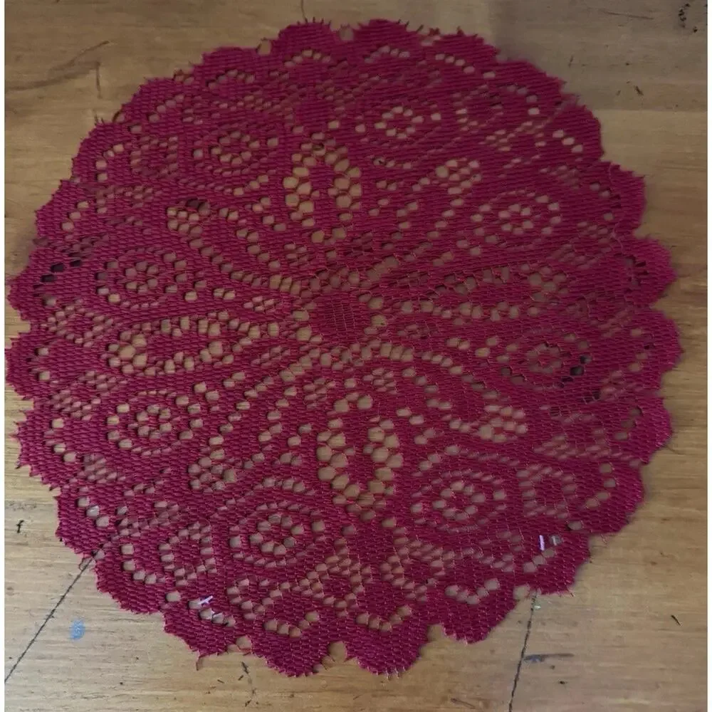 Vintage Rich Deep Red Crochet Doilies Set of 2 Round Lace Holiday Decor Handmade